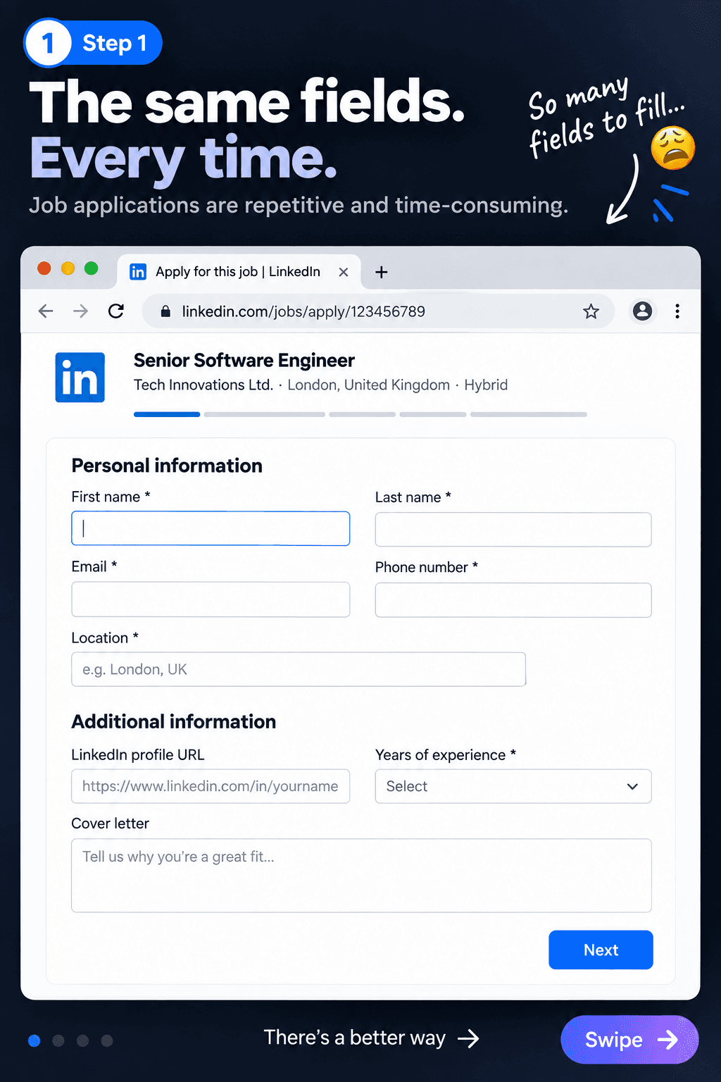 An empty job application form before using the Smart Job Fill Chrome extension
