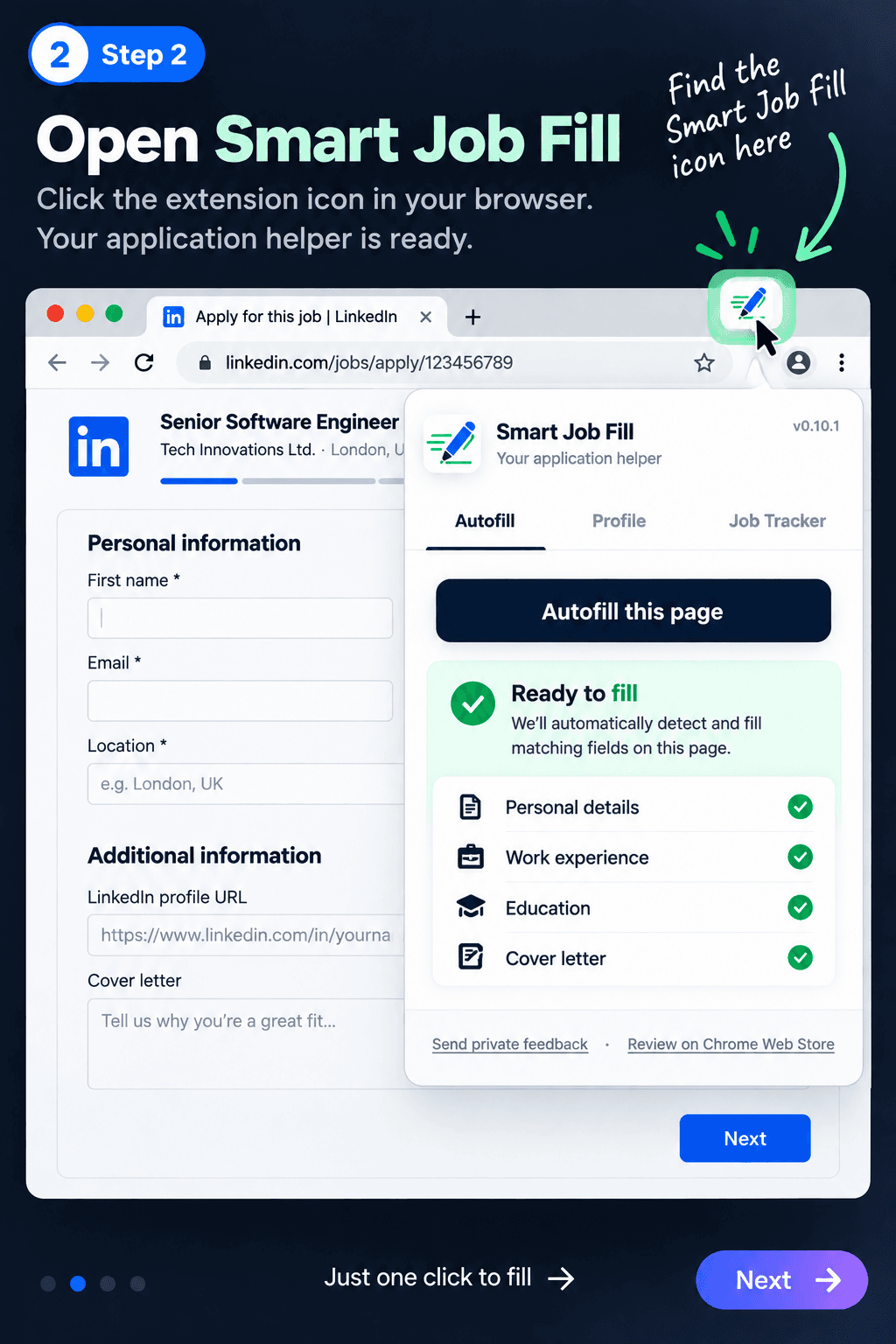 The Smart Job Fill Chrome extension open beside a job application form