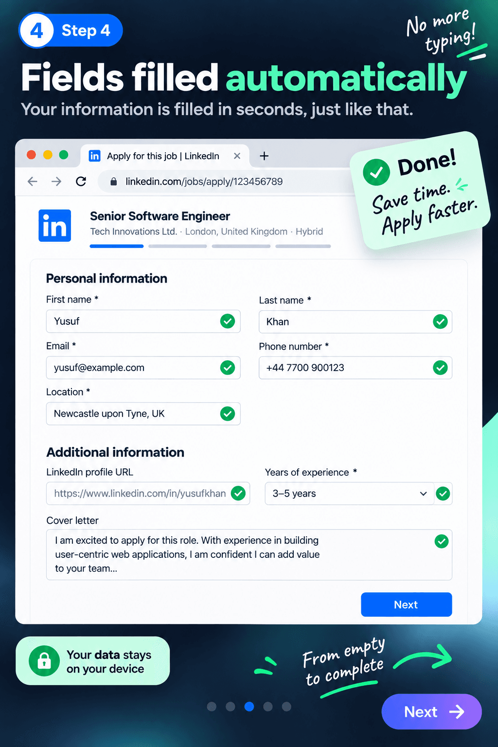 A job application with matching fields completed by Smart Job Fill
